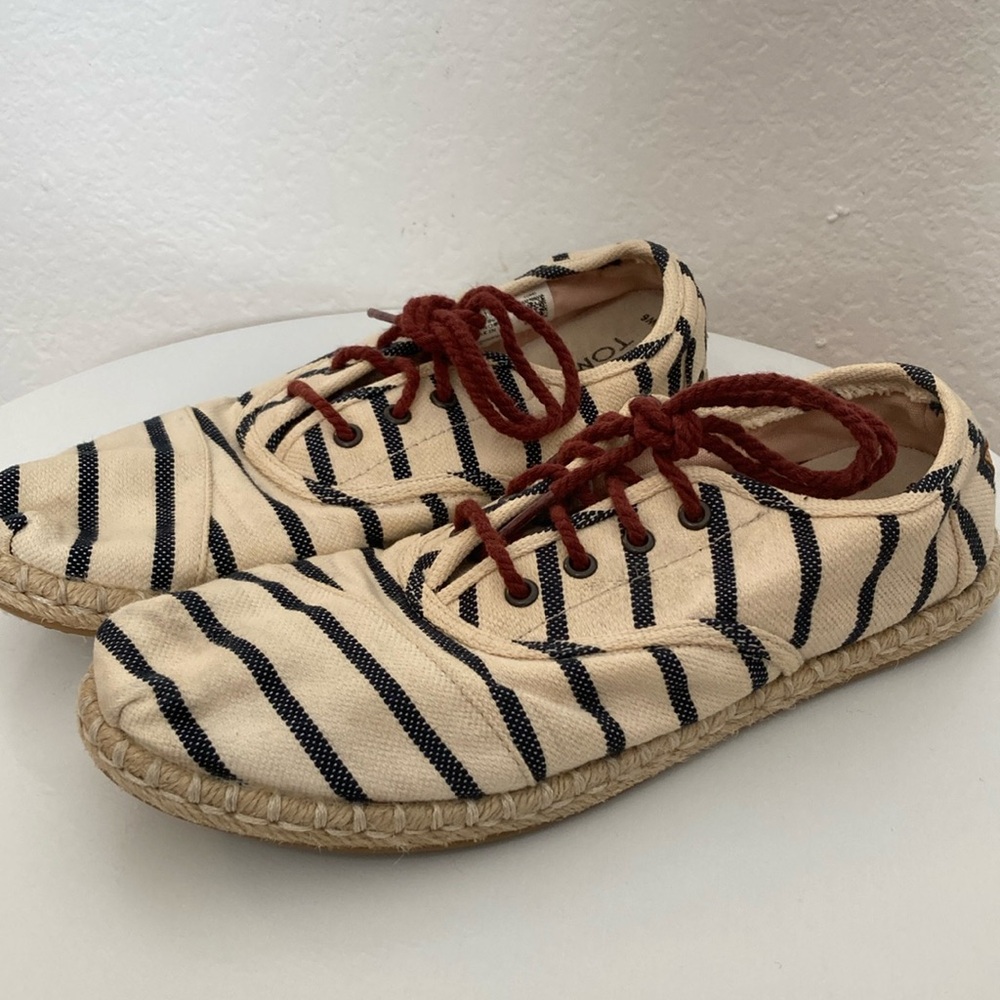 Toms size W6 khaki and blue stripes with brown laces